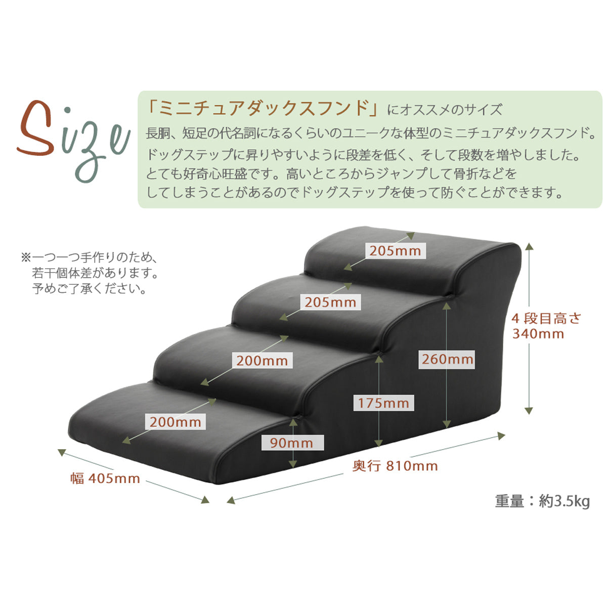 【サイズ図：ミニチュアダックス専用設計】幅40.5cm、奥行81cm、高さ34cmの寸法は、胴長短足の体型に配慮し、安全で快適な昇り降りを実現する設計です。