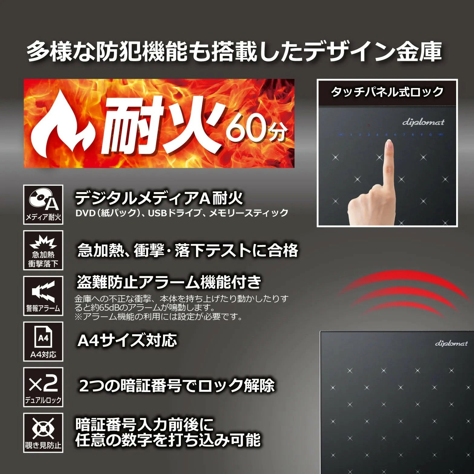 【先進のセキュリティ機能】60分耐火、デジタルメディア保護、衝撃落下テスト合格、多様な防犯機能を搭載し、安心を届けます。