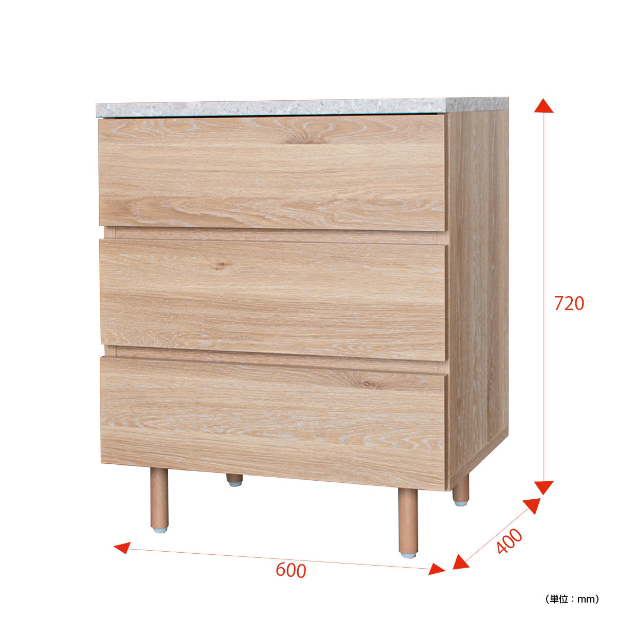 【サイズ図：様々な場所にフィットするサイズ設計】幅60cm、奥行40cm、高さ72cmで、ベッドサイドやリビングの隙間にもぴったり収まります。