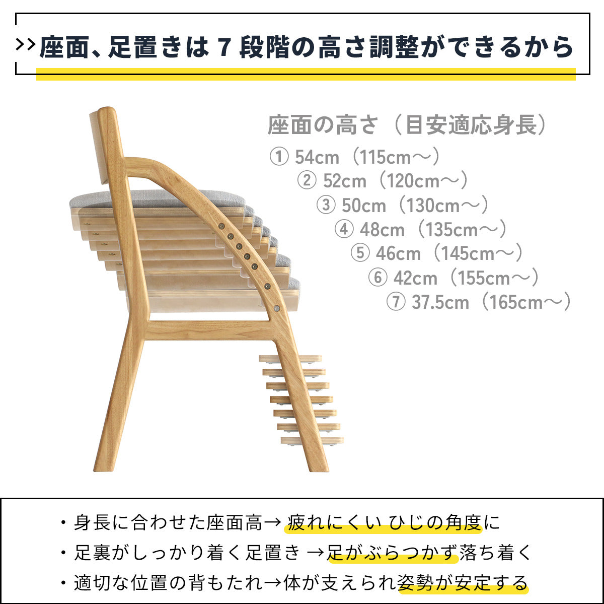【身長に合わせた7段階の高さ】お子様の身長約115cmから165cmまで、成長に合わせて細かく設定できるので、いつでもジャストフィットします。