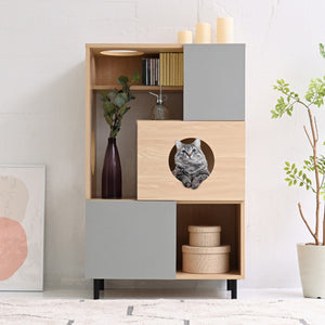 【愛する家族との共存を叶える家具】ねこちゃんがいつでも顔をのぞかせ、まるで家族の一員のように寄り添える特別な設計です。