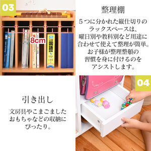 【大切な宝物をしまう場所】
小さな文房具や、誰にも見られたくない宝物は、そっとこの引き出しにしまっておく、お子様だけのお気に入りのスペースになります。