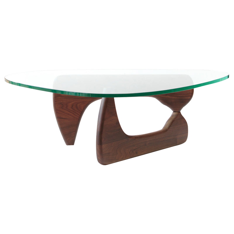 【空間に溶け込むアートピース】ガラスの透明感と有機的なウォールナットの曲線が織りなす、彫刻のように美しいコーヒーテーブルです。