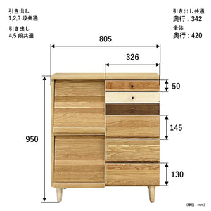 【サイズ図：サイズで広がる可能性】W805mm×D420mm×H950mmというバランスの取れた設計と、用途に合わせた引き出しの深さにより、多様な収納ニーズに応え、あなたのお部屋の可能性を広げます。