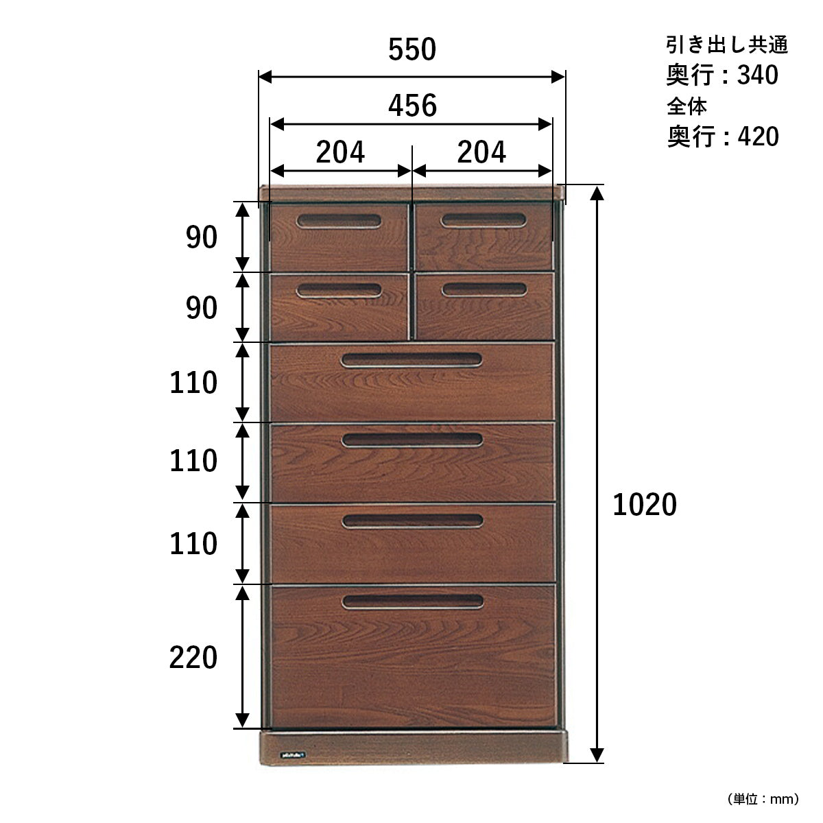 【サイズ図：詳細なサイズ情報】各引き出しの奥行きや高さが明確で、収納計画を立てるのに便利です。