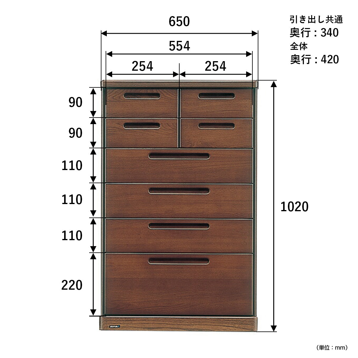 【サイズ図：収納計画に役立つ寸法図】各引き出しのサイズを参考に、効率的な収納プランを立てられます。