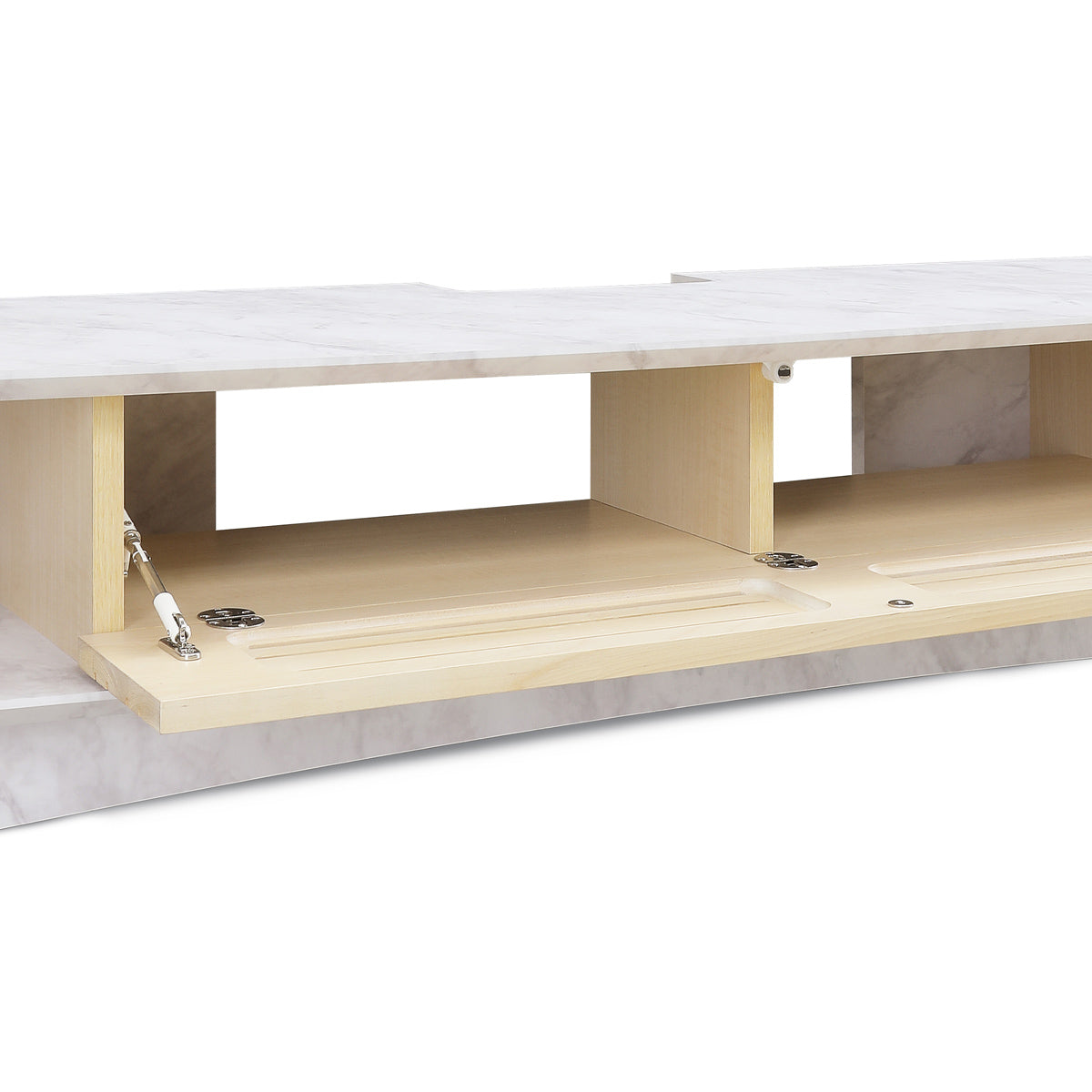 【安心設計の広々収納】ソフトダウンステー採用で静かに開閉する扉内部は、熱がこもりにくい設計でAV機器を安心して収納できます。