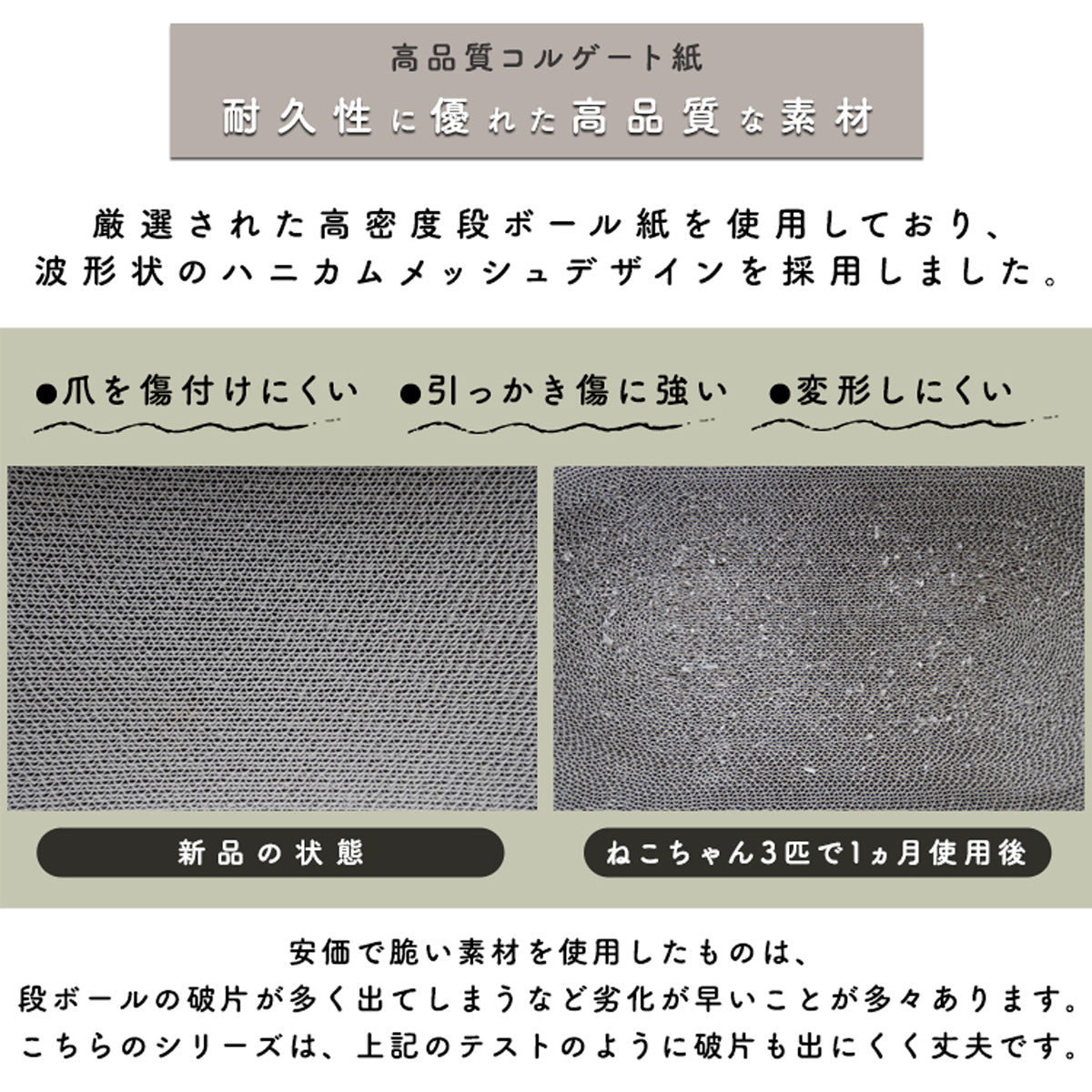 【長く愛用できる高品質な素材】厳選された高密度段ボール紙とハニカムメッシュデザインで、破片が出にくく、ひっかき傷にも強い優れた耐久性を実現しました。