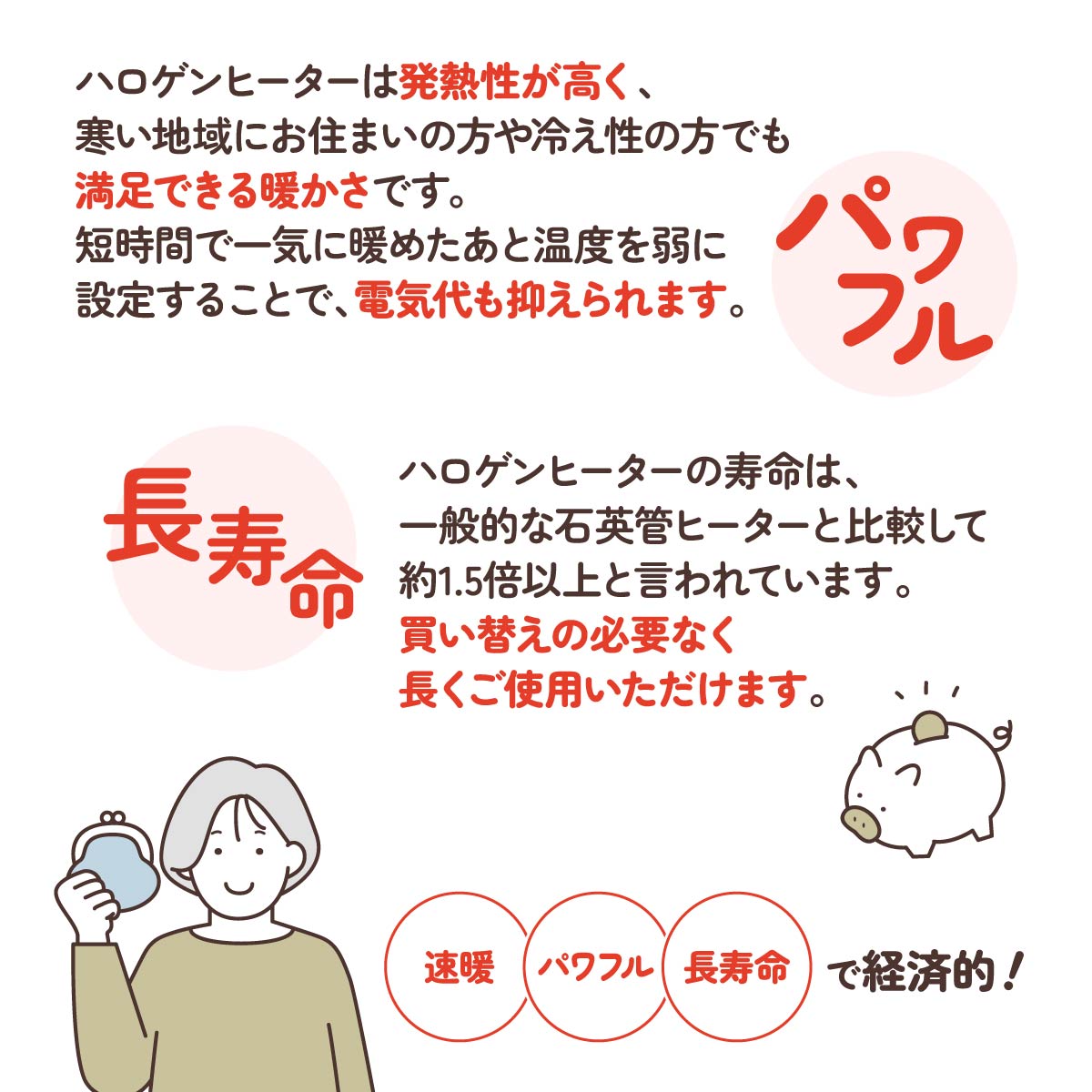 【パワフルなのに省エネ設計】高い発熱量でしっかり温めながらも、電気代を抑え、一般的なヒーターより長持ちする経済的な選択です。