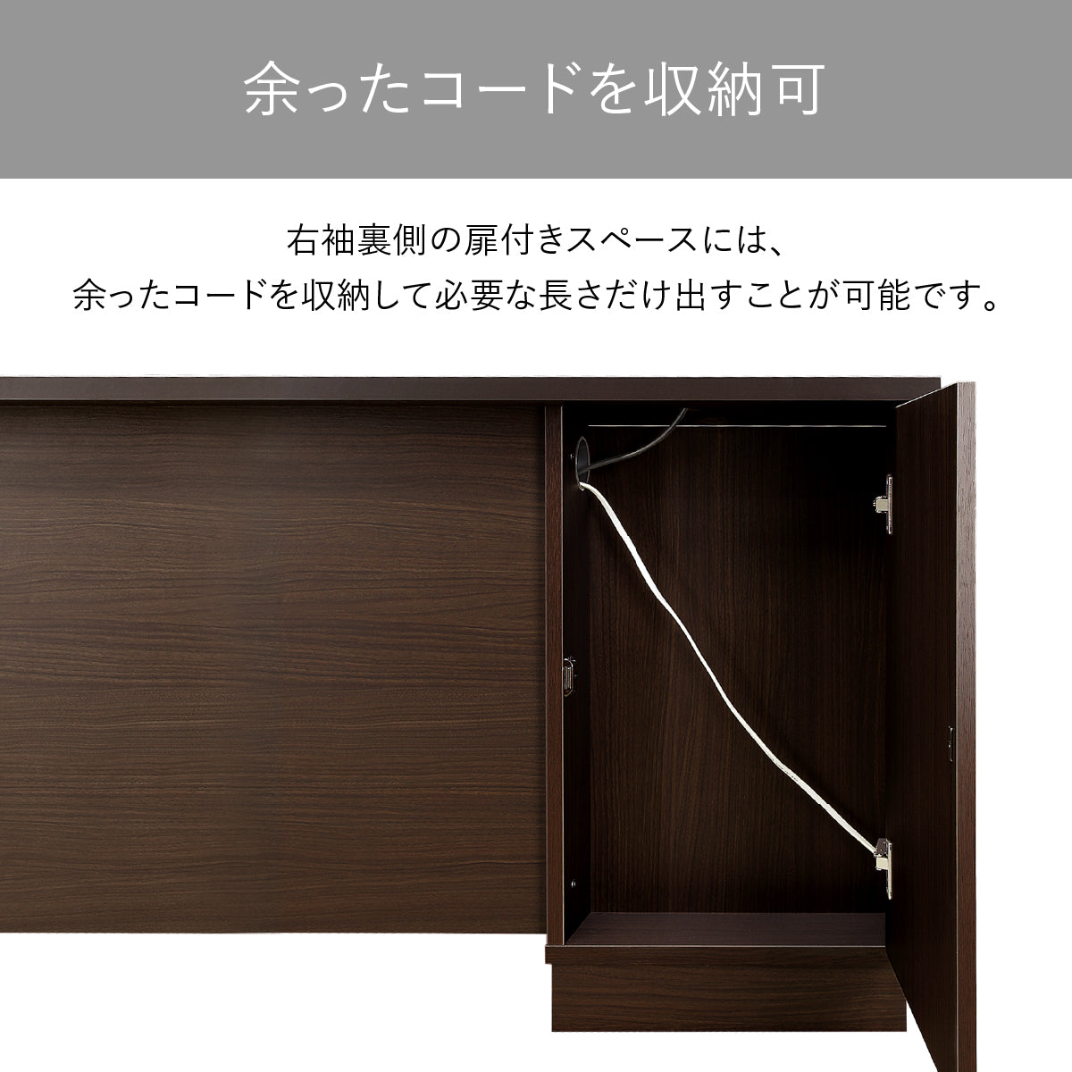【生活感を隠す、巧みな設計】袖の裏側に設けられた扉付きスペースに余分なコードを収納することで、洗練された空間の印象を少しも損なうことはありません。