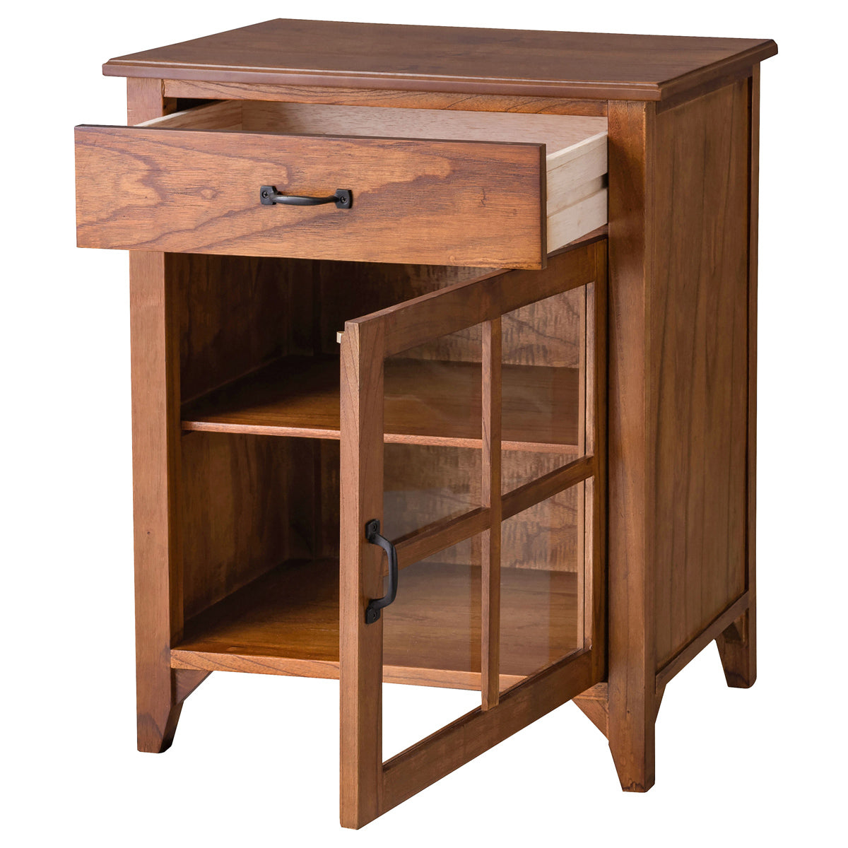 【隠すと見せる、賢い収納】
上段の引き出しには生活感の出る小物をすっきりと隠し、下段のガラス扉にはお気に入りのアイテムを飾る、そんな賢い使い分けが可能です。