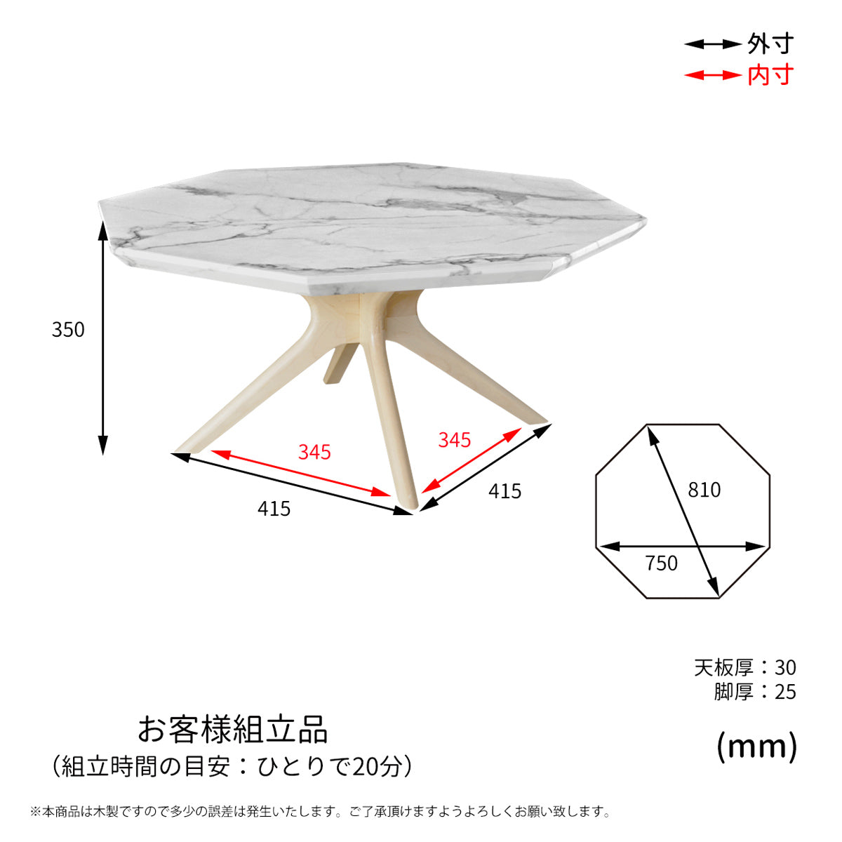 【サイズ図：一人暮らしにも最適なサイズ】幅と奥行きが75cmとコンパクトながら、天板を広々と使える設計で、一人で約20分と組み立ても簡単なのが嬉しいポイントです。