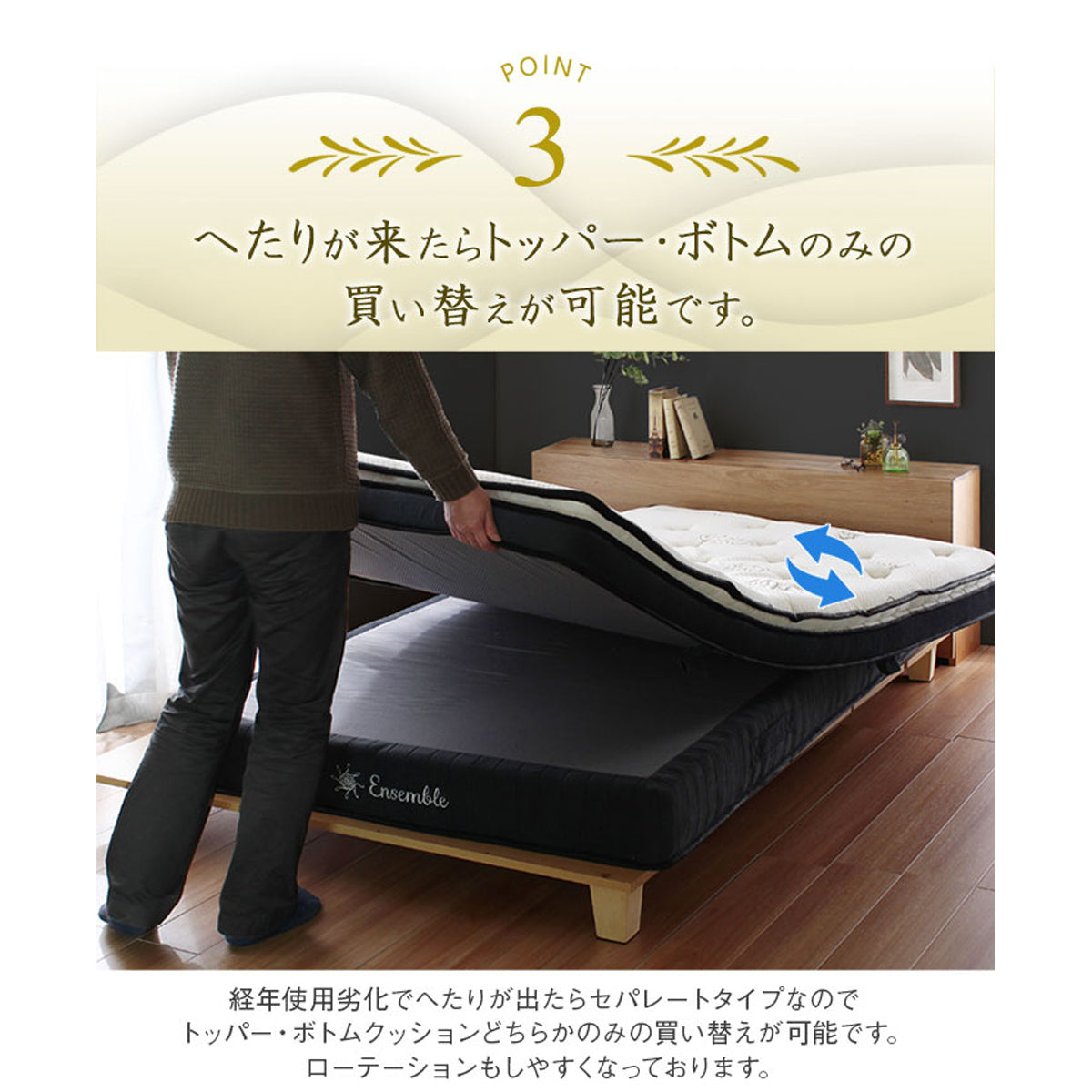【長寿命を実現するセパレートタイプ】部分的な劣化があった場合でも、必要な層だけを交換できるため、経済的かつ長くご愛用いただけます。