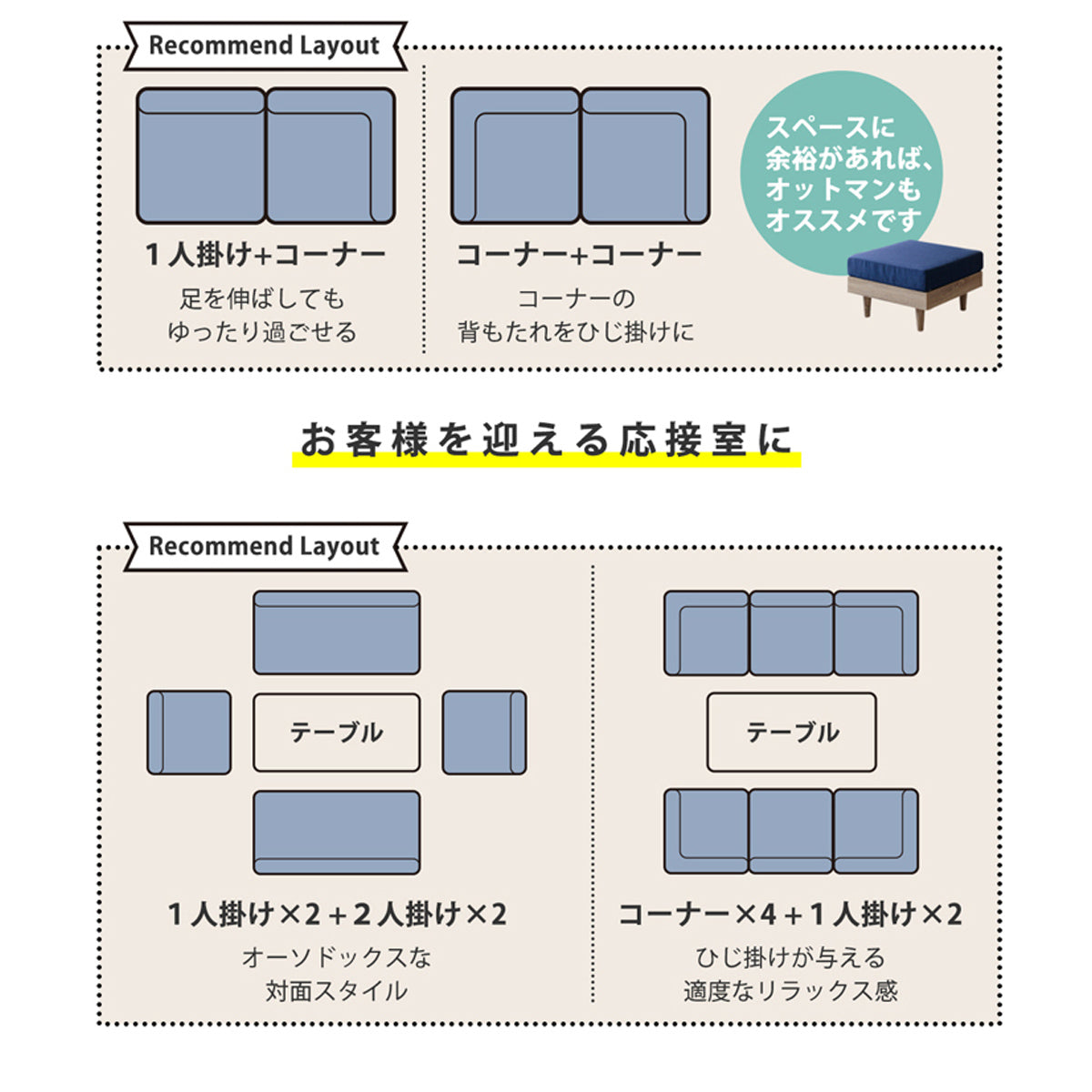 【多彩な組み合わせパターン2】来客時にも対応できる対面スタイルなど、様々なシーンに合わせた配置が可能です。