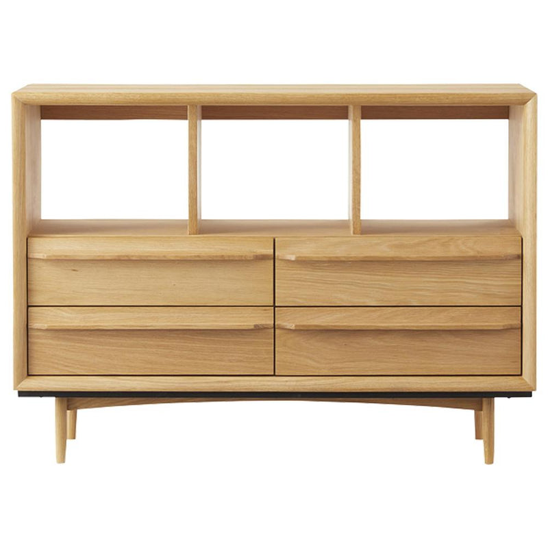 【見せる収納と隠す収納の融合】お気に入りのアイテムを飾るオープン棚と、散らかりがちな小物をすっきりと収める引出し。日々の暮らしに秩序と美しさをもたらします。