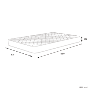 【サイズ図：使いやすいシングルサイズ】幅970mm×長さ1950mm×高さ170mmで、一人暮らしのお部屋にもぴったりのシングルサイズです。