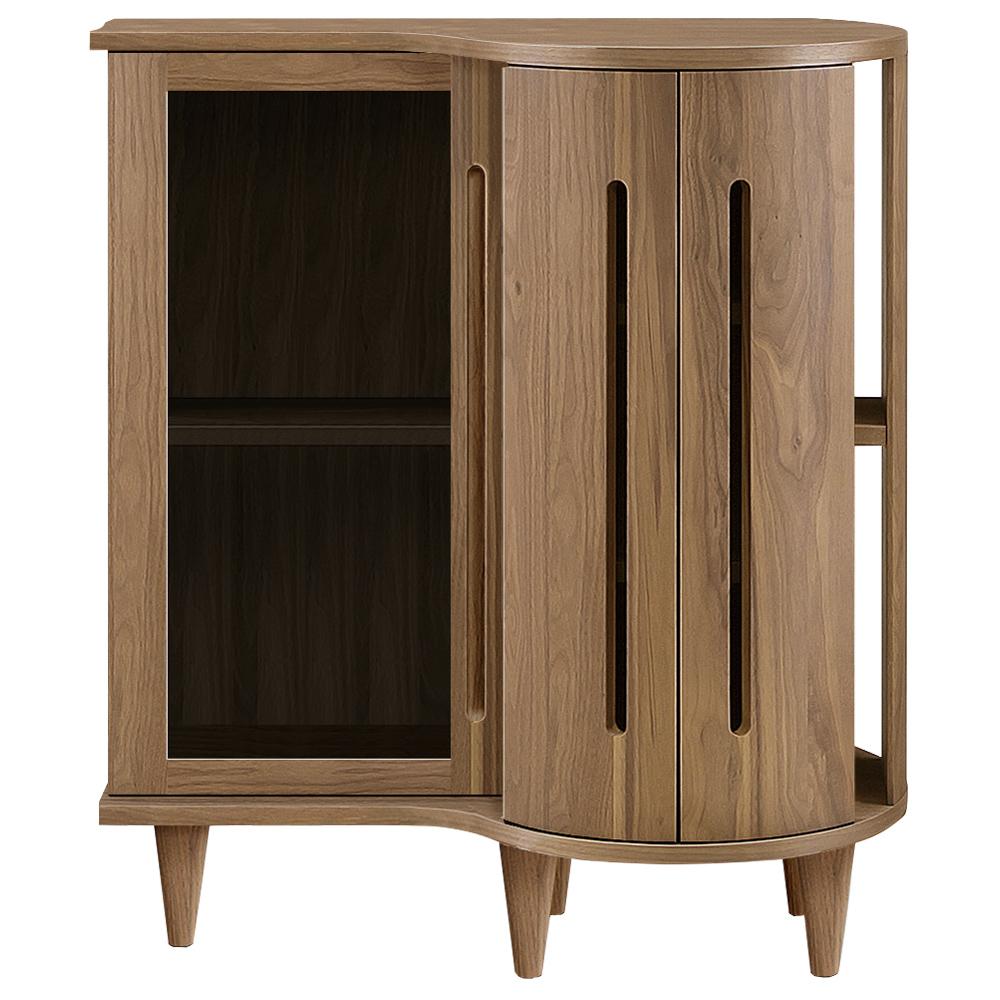 【美しいウォールナットカラー】深みのあるウォールナットの木目が美しい曲線と調和し、温かみとモダンさを兼ね備えた佇まいです。